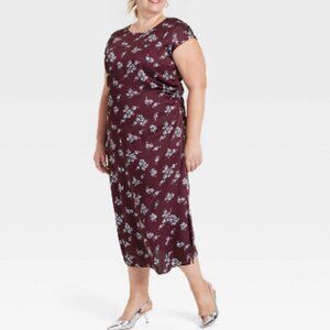 868-871 WOMENS 1X BURGUNDY RUCHED MIDI SHIFT DRESS BY A NEW DAY